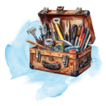 Illustration outils dans un coffre en aquarelle 