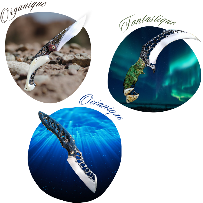 3 couteaux d'art Dracoforge devant des images montrant des éléments naturels