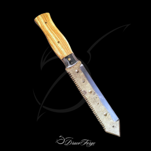 Couteau de jardin scie Hori-Hori artisanal frêne olivier Dracoforge