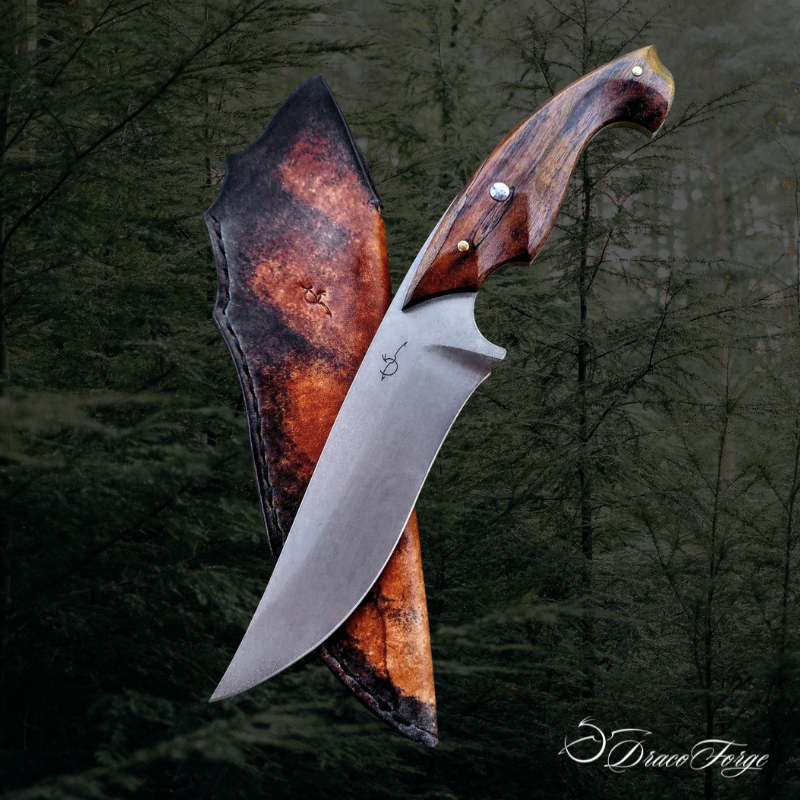 Ecaille de forêt 10 couteau de chasse fixe artisanal inox manche noyer échauffé avec étui cuir Dracoforge Ecaille de forêt 10 couteau de chasse fixe artisanal inox manche noyer échauffé avec étui cuir assorti par Dracoforge