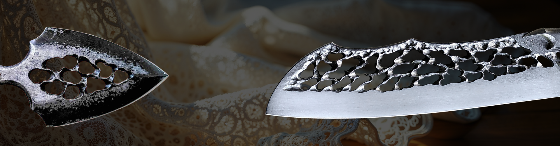 Push dagger et hachoir artisanaux ajourés en dentelle d'acier par Dracoforge