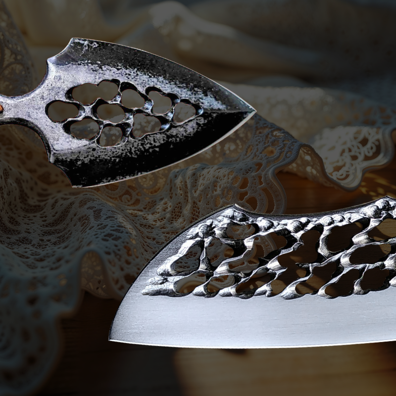 Push dagger et hachoir artisanaux ajourés en dentelle d'acier par Dracoforge
