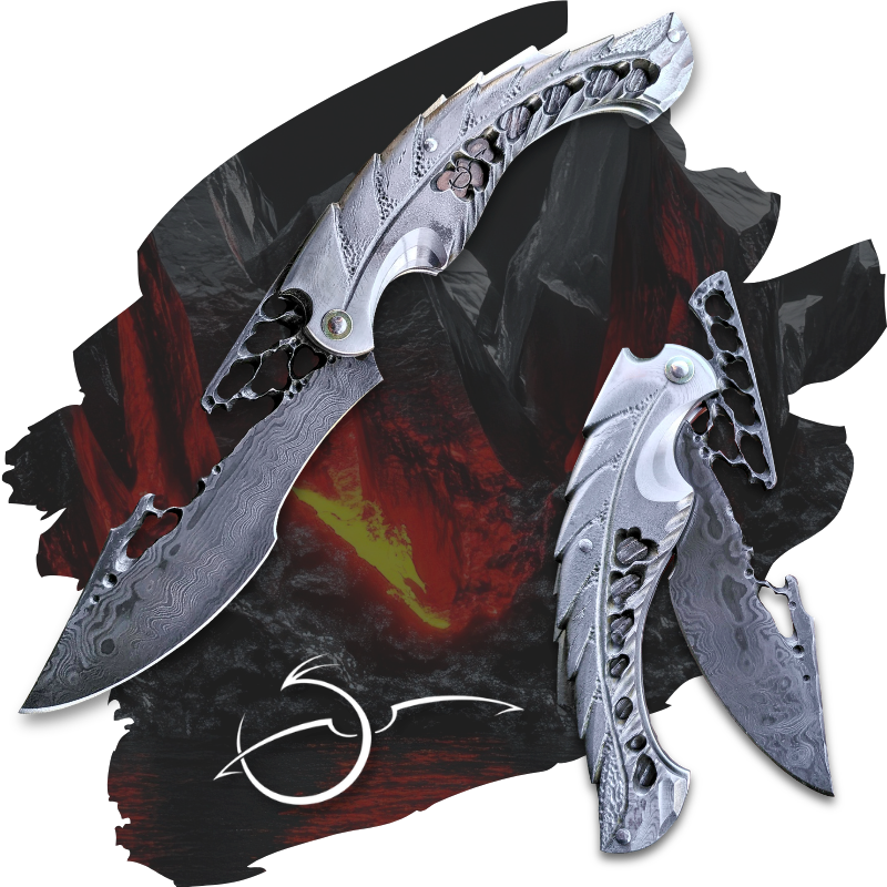Couteau d'art pliant Rathalos par Dracoforge inspiration Monster Hunter avec logo