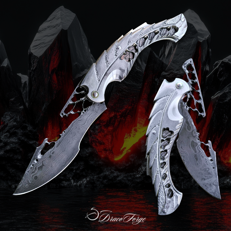 Amphipthère Rathalos argent couteau d'art pliant sculpté dragon Monster Hunter Dracoforge