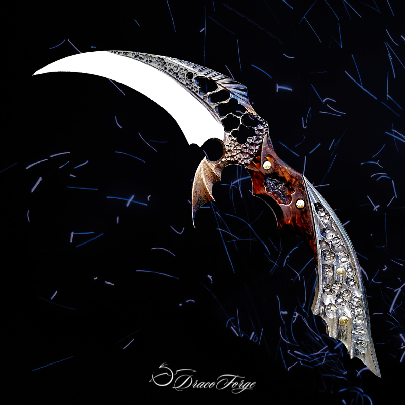 Majesty couteau d'art karambit artisanal ajouré dentelle d'acier inspiration dragon jeux video fantasy Dracoforge
