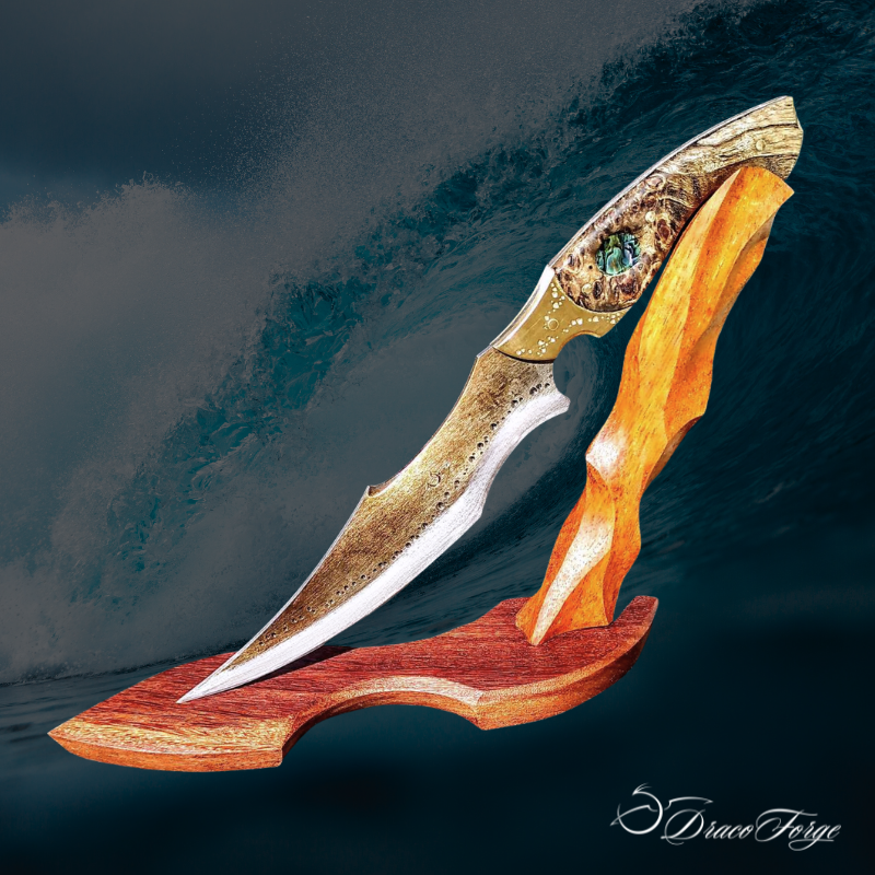 PerceVague couteau d'art artisanal élancé doré nacre avec support Dracoforge