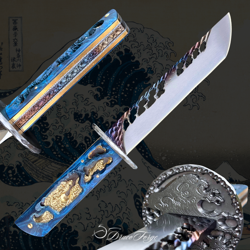 Tanto de la dualité katana japonais court thème kanagawa hippocampe ajourages dentelle acier Dracoforge